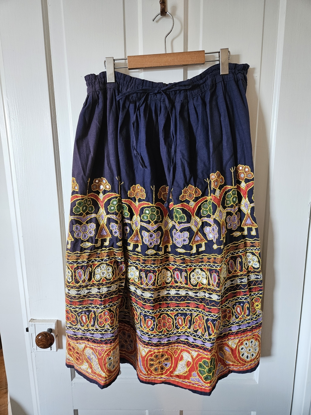 Vintage Boho Indian Mirror Work Embroidered Midi Skirt In Navy Blue